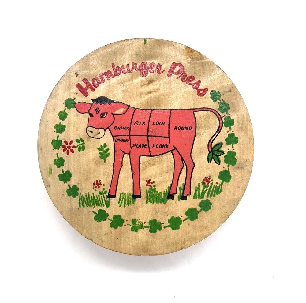 Vintage Wood Hinged Hamburger Press Hand Painted Cow Nevco Made in Taiwan